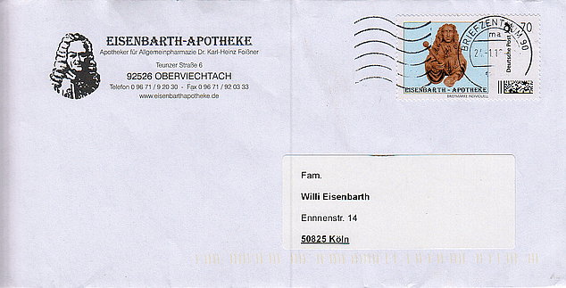 Letter with the new stamp of the Eisenbarth Pharmacy